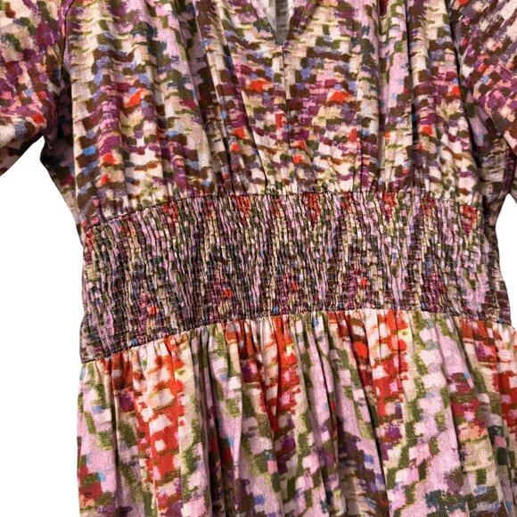 Anthropologie Conditions Apply Multicolor Geometric Puff Sleeve Midi Dress 2 - Picture 3 of 6